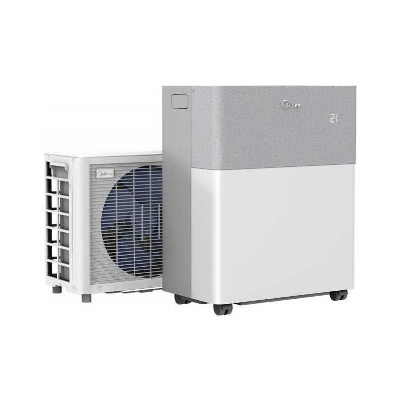 Le pack complet Midea PortaSplit : unité intérieure blanche sur roulettes et compresseur extérieur déporté